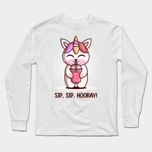 Cute Kawaii Unicorn Drinking Smoothie Long Sleeve T-Shirt